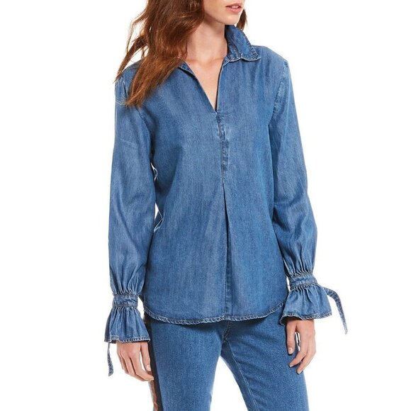 NWT A Loves A Sz S Chambray Denim Tied Cuff Poet Sleeve Popover Tunic Top Shirt - Picture 1 of 9